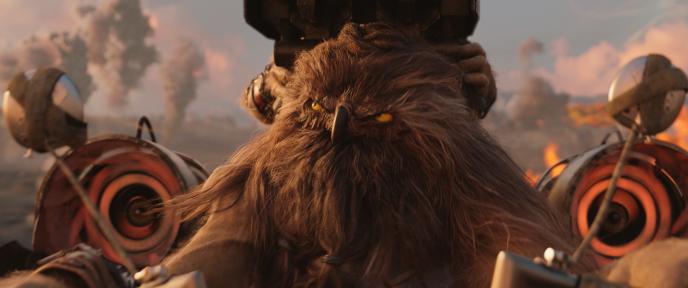 A Booskan (owl-like creature) rides a hover bike