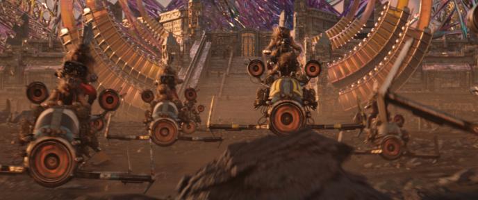 A gang of owl-like creatures ride hover bikes