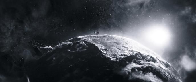 A black and white shot of a moonscape