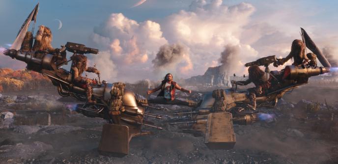 Thor does the splits between two hover bikes