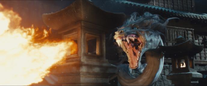 front view of a dragon breathing fire
