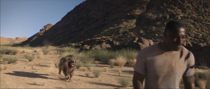 A lion runs up behind Idris Elba, to attack him