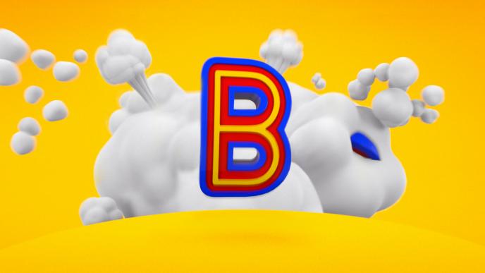 the letter 'b' graphic design in front of animated clouds