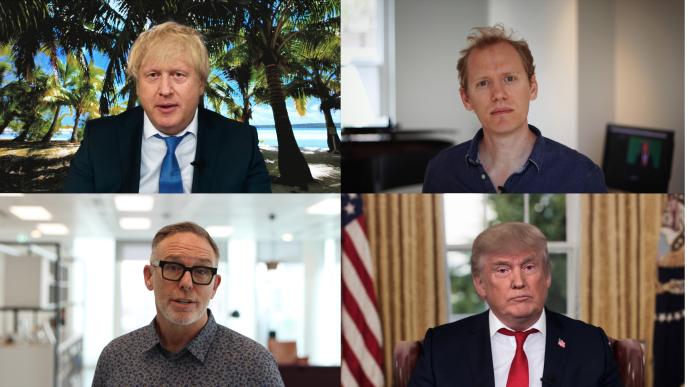 four tiles of a call as creative director mike mcgee and william bartlett present deepfakes of boris johnson and donald trump