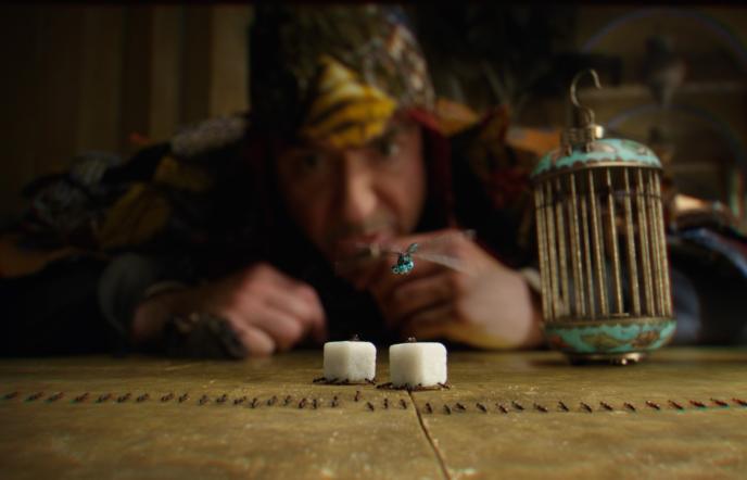 dolittle sitting at a table, looking at two sugar cubes