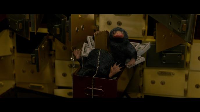 the niffler sitting in a drawer and holding money and jewels
