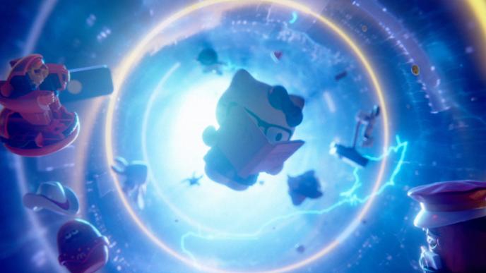 a hello kitty toy in the centre surrounded by other small mcdonald's toys floating around a portal