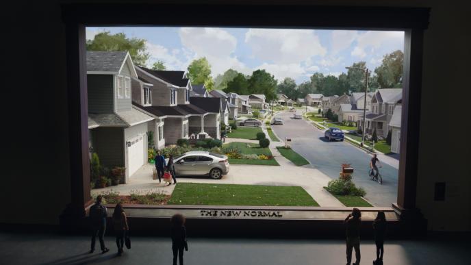 a cinema screen of a neighbourhood driveway. there are five people standing and watching