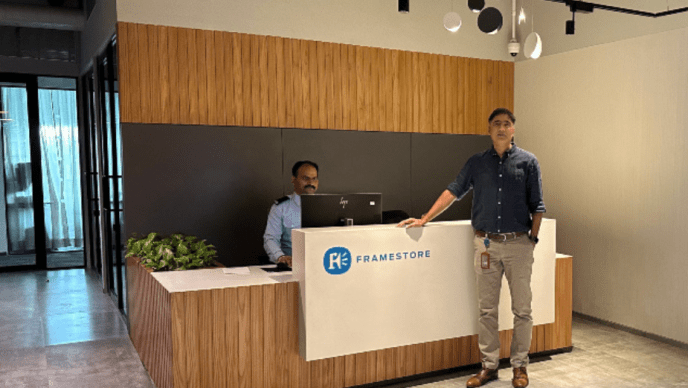 MD Mumbai Akhauri P Sinha stands in front of the reception desk in the Mumbai studio