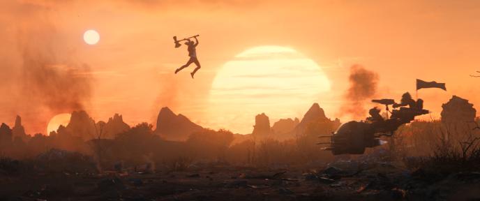 Thor jumps with his hammer, in front of a sunset