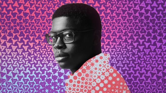 close up of a portrait of a man looking into the camera that is made out of geometric design