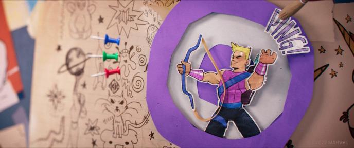 A drawing of Clint Barton fires three drawing pin 'arrows'