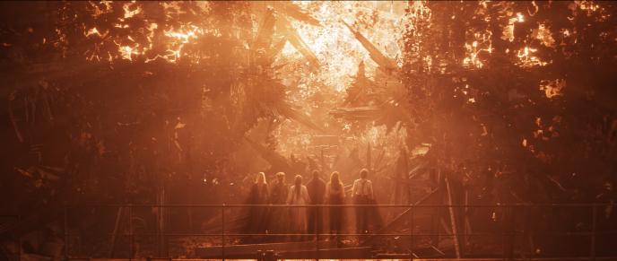The cast of 1899, surrounded by an exploding version of their ship