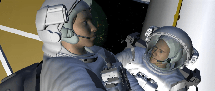 A previs still from Gravity showing two animated astronauts in space.