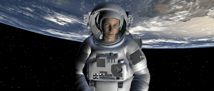 A previs still from Gravity showing an animated astronaut in space above the earth.