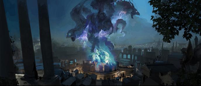 concept art of the french ministry of magic. there is a cloud of shadows with faces, magical lights and lightning coming out of the roof hovering above