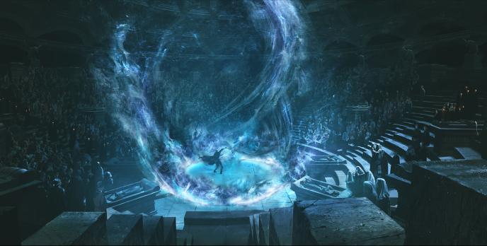 concept art of a wizard in the centre of the french ministry of magic conjuring wispy illuminous magic with his wand