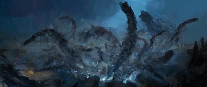 concept art of worm like shadows taking over a city