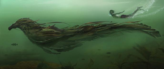 concept art of a character swimming next to a colossal kelpie underwater as fish swim underneath them in murky waters
