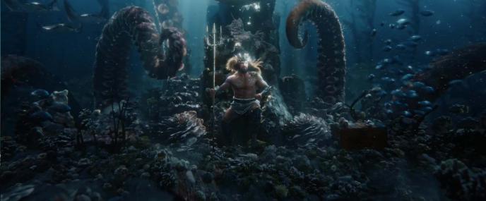 Poseidon sits on his underwater throne holding a trident surrounded by large octopus tentacles