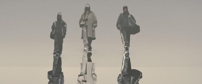three people in netural clothing walk on water, their reflections seen below them