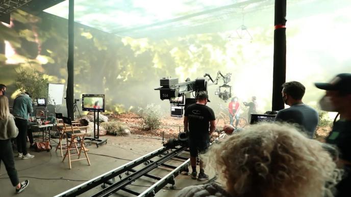 Behind the scenes on set using a large LED volume
