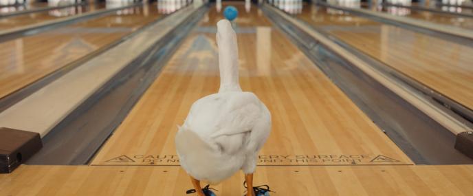 The Aflac Duck bowling at a bowling alley