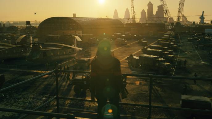 Michonne looks over a military base 