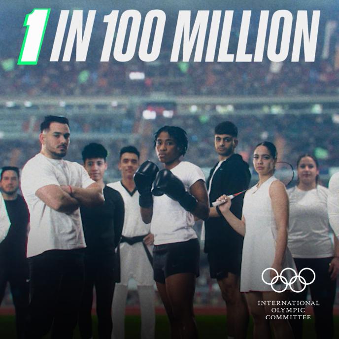 A group of athletes from around the world standing in a stadium with the words 1 in 100 million above them in block lettering.