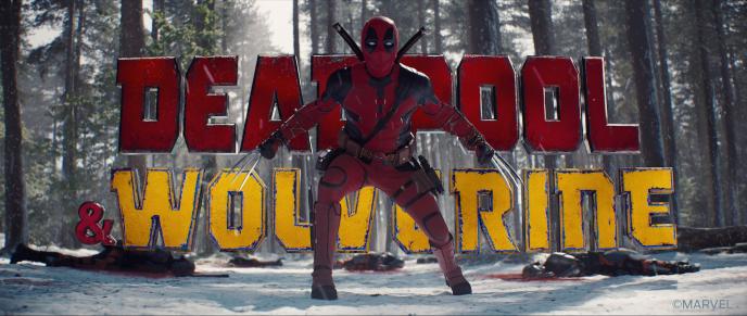 Deadpool poses in front of the film title, Deadpool and Wolverine