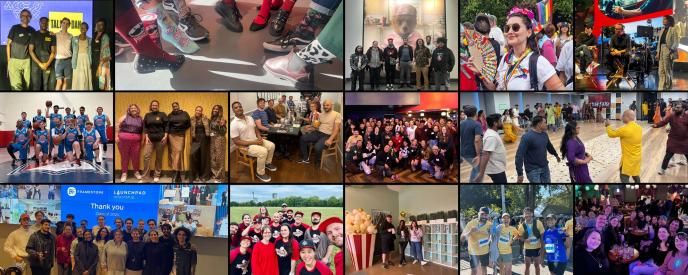 A collage of photos showing people across all global studios engaging in celebrations, sports teams, and other social activities.