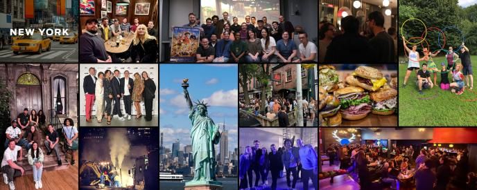 A collage of photos depicting our New York teams in the city, and at sporting and social events