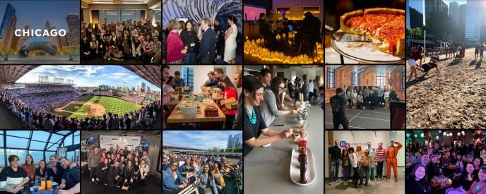 A collage of photos depicting our Chicago teams in the city, and at sporting and social events