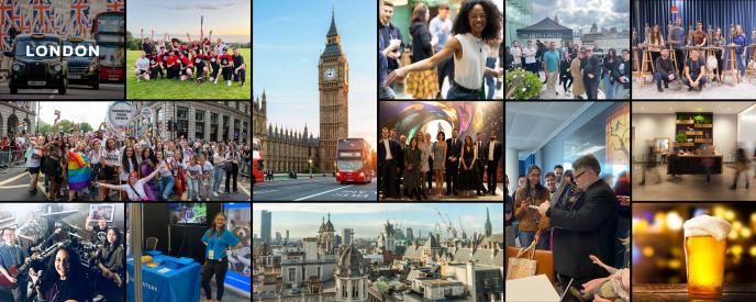A collage of photos depicting our London teams at Pride, in the city, and other social events
