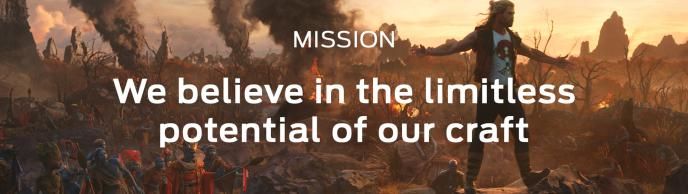 'MISSION We believe in the limitless potential of our craft' text overlayed on an apocalyptic film shot