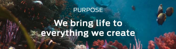'PURPOSE We bring life to everything we create' text overlayed on a CG underwater film shot