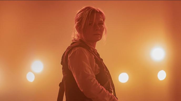Still of Kirsten Dunst in Civil War film. Youtube thumbnail