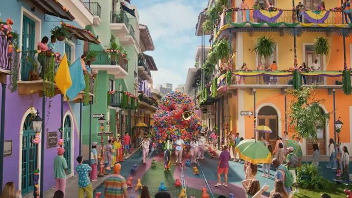 The 3D animated nerds Gummy Monster strolls down the streets of New Orleans playing a trumpet