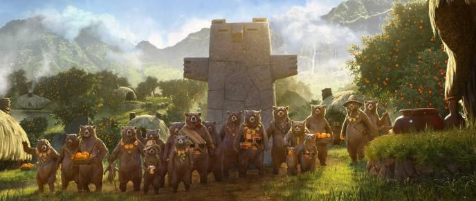 Concept art from Paddington in Peru. A tribe of Paddington-like bears stand in front of a stone bear statue, wearing necklaces made of oranges