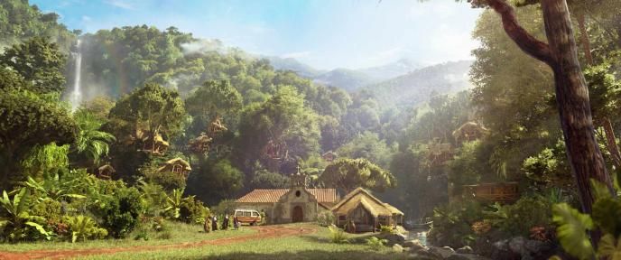 Concept art from Paddington in Peru, the home for retired bears sits in the jungle, surrounded by trees and mountains