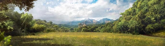 Concept art from Paddington in Peru, showing a wide grassy vista surrounded by mountains and trees