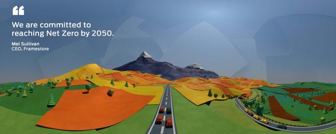 Digitally created landscape with a quote in the top left corner "We are committed to reaching Net zero by 2050." Mel Sullivan, CEO, Framestore