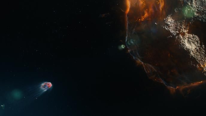 The 3D animated Nerds Gummy flies in space towards a meteor
