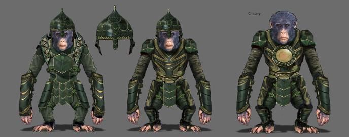 Concept art from Wicked, a monkey in emerald city guard uniform
