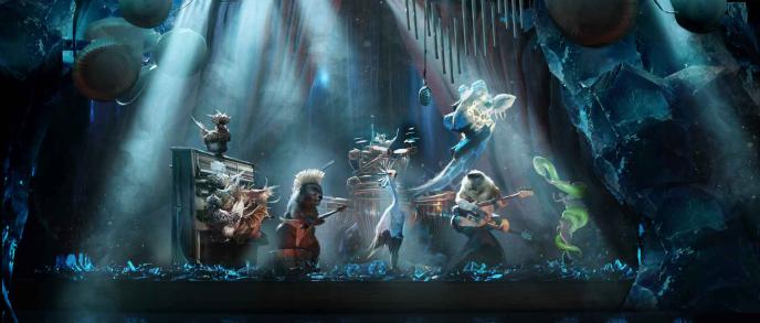 Concept art from Wicked, an animal band plays on a stage