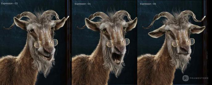 Concept art of Doctor Dillamond, a goat professor in the film Wicked, exploring different expressions