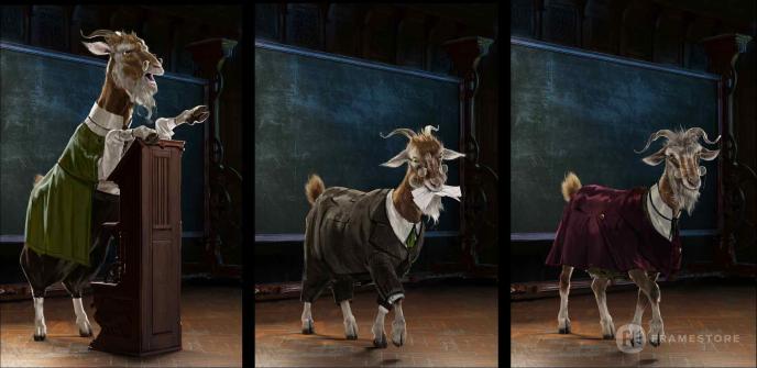 A collage of concept art for Doctor Dillamond, a goat professor in Wicked