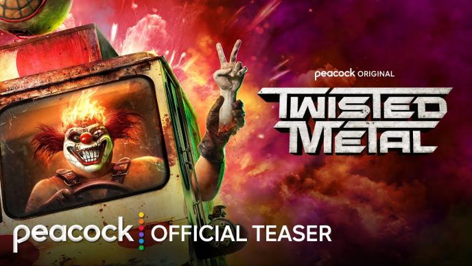 a poster for Twisted Metal season 2 with Sweet Tooth in a car 