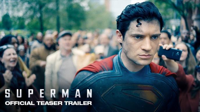 Still of Superman film with text Superman Official Teaser Trailer