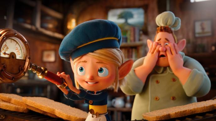 Two animated Keebler elves in the Keebler cookie factory